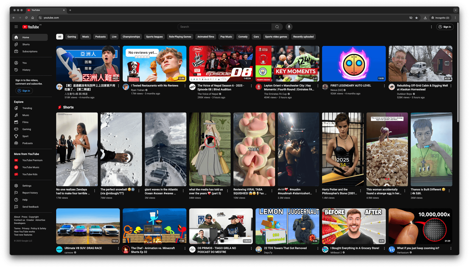 YouTube without Browser Extension TubeMod being used, showcasing every single element YouTube wishes their users to see.